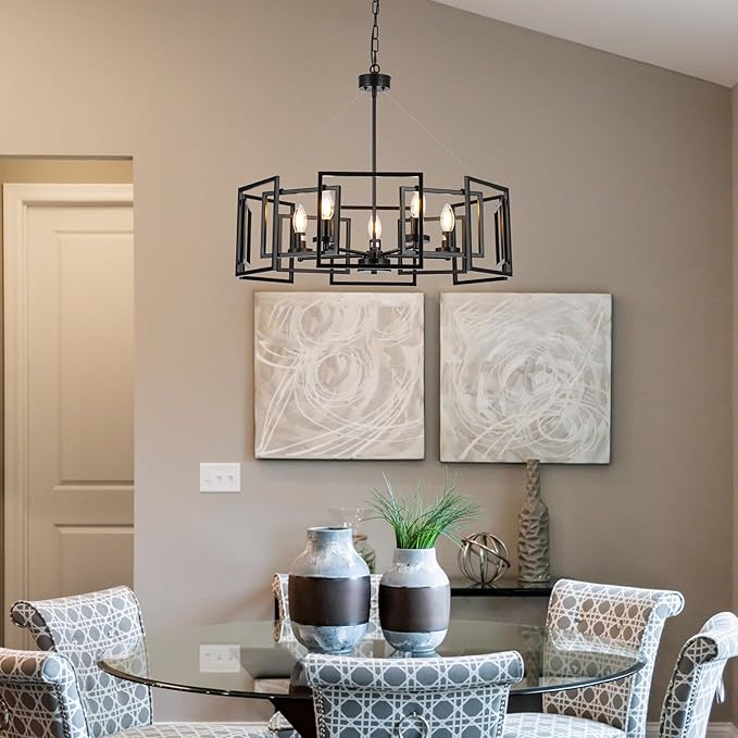 5-Light Black Geometric Chandelier,Height Adjustable Industrial Chandelier for Dining Room,Modern Farmhouse Chandelier Light Fixture over Table,for Bedroom,Living Room,Entryway,Bulbs Not Included