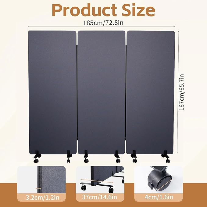 72 * 66in Freestanding Acoustic Room Divider, 3 Panel PET Polyester Soundproof Room Screen with Wheels, Portable Partition Divider for Office, Reception Room, School, Hospital