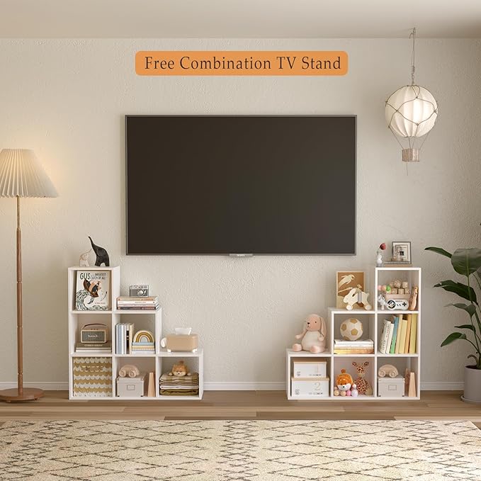 Ladder Cube Storage Bookcase - Wooden L-Shaped 3-Tier Corner Shelf, Reversible 6-Cube Organizer for Home & Office, White