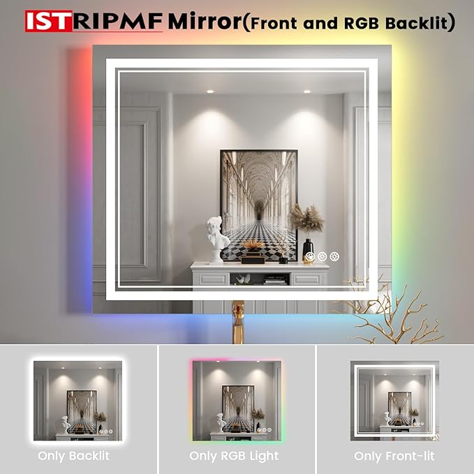 44x30 inch LED Bathroom Mirror with RGB Lights, Color Changing Backlit Mirror, Shatterproof, Dimmable Anti-Fog, Lighted Vanity Mirror (RGB Multicolor Backlit + Adjustable Front-Lighted)