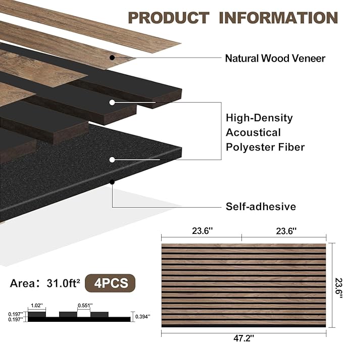 AKK-PANE 4 PCS Self-Adhesive Acoustic Wood Slat Wall Panels, 47.2" x 23.6" - 31.0ft² for Interior Wall Decor, Wall Panels Peel and Stick, Wall Wood Panels for Office Studio Bedroom Living Room(Walnut)