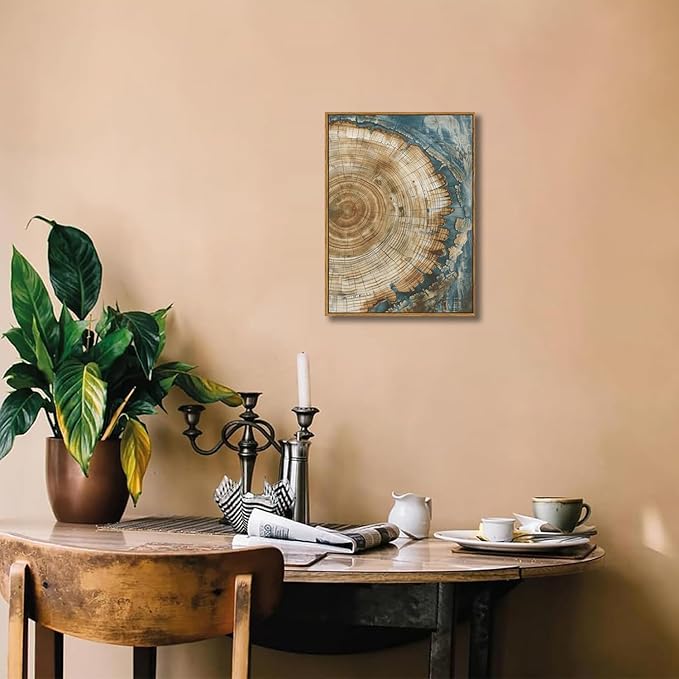 BingruiArt Framed Tree Ring Canvas Wall Art Abstract Wood Wall Decor Boho Modern Colorful Nature Painting Wood Stump Prints Pictures for Living Room Bedroom Bathroom Office 12"x16" Natural Framed(08)