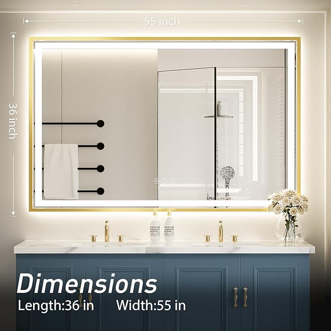 55X36 Inch Led Bathroom Mirror,Frontlit and Backlit Lighted Mirror,Gold Metal Frame Vanity Mirror for Wall,Double Lights Strips,Anti Fog Stepless 3 Colors Temperature & Dimmable