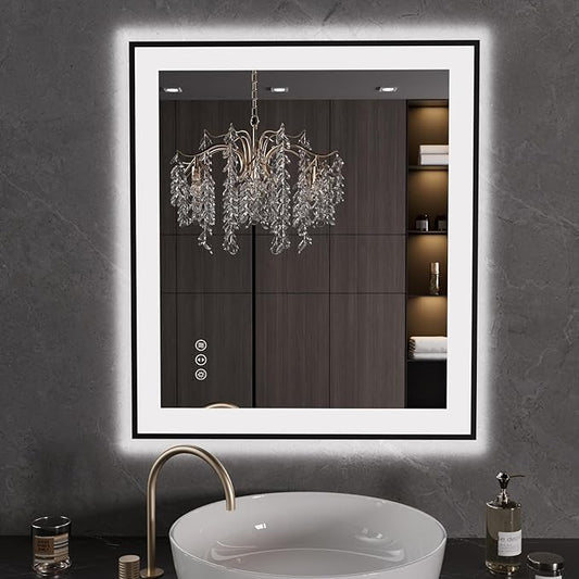 LOAAO 28"X32" LED Bathroom Mirror Black Framed, Anti-Fog, Dimmable, Lighted Bathroom Vanity Mirror for Wall, Memory Function, Tempered Glass