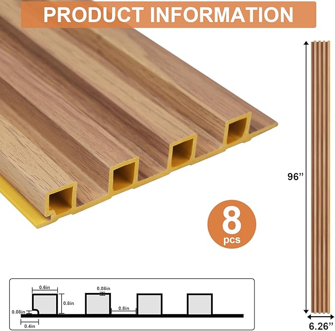 8-Pack WPC Slat Wall Panels, 96 x 6.6 in Decorative Acoustic Slats 3D Wall Panels, Water-Proof and Easy Installation, Teak