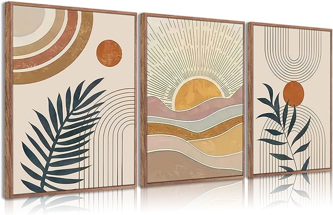 3Pcs Framed Boho Abstract Wall Art Orange Rainbow Sun Desert Minimalist Picture Mid-Century Modern Poster Prints Neutral Botanical Geometric Canvas Painting Wall Decor for Living Room 16L" x 12W"