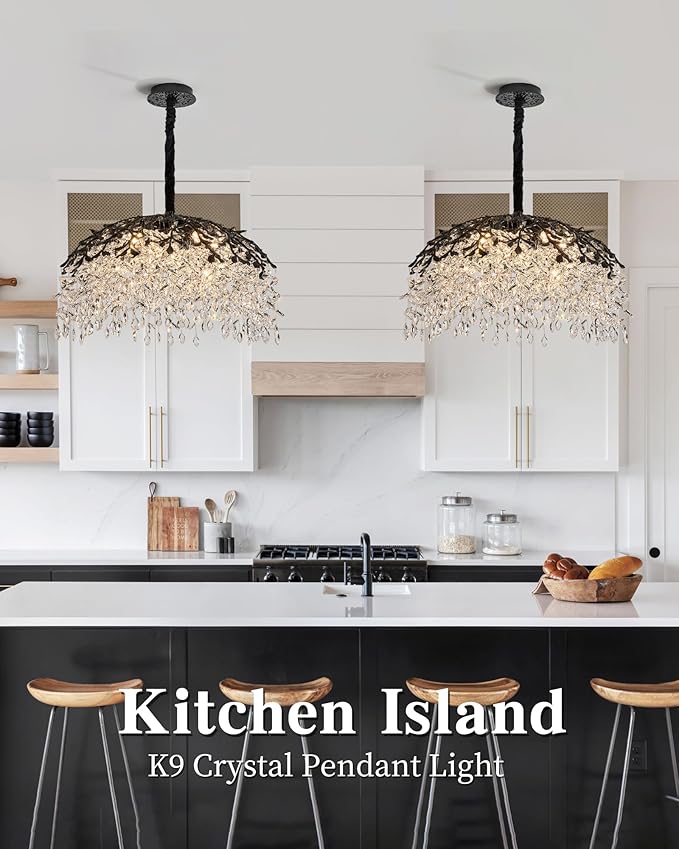 Modern Crystal Chandelier for Dining Room, 31.5" 10-Light Black Tree Branch Chandeliers, Luxury K9 Crystal Rectangular Chandeliers for Kitchen Island Living Room