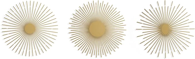NEODECO Sun Rays-Triple Metal Wall Art, Geometric Sun Decor, Metallic colors, Large 3D wall sculpture, model BCD, Set of 3 (Gold, Small)