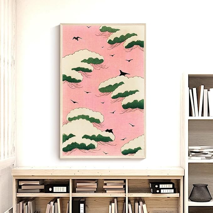 OZCONO Japanese Art Wall Print, Pink Sky with Birds and Trees, Vintage Style Minimalist Decor (11L x 9W)