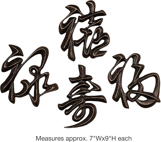 Oriental Chinese Symbols Wall Plaque Set of 4 Approx. 7"x9" Each Antique Bronze