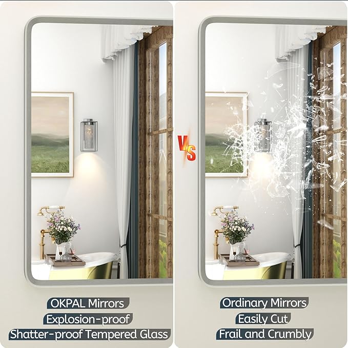 OKPAL 44 x 36 Brushed Nickel Bathroom Mirror for Wall, Rounded Rectangle Silver Framed Bathroom Vanity Mirror, Beveled Silver Vanity Mirror, Anti-Rust, HD Shatterproof Glass