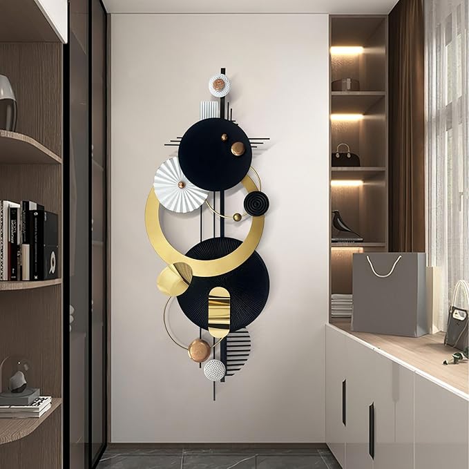 Large Modern Abstract Metal Wall Art, Black and Gold Geometric Circles Wall Decoration, Contemporary Home Decor,59 × 24 inches Wall Art for Living Room/Dinning Room/Bedroom/Entryway/Kitchen/Office
