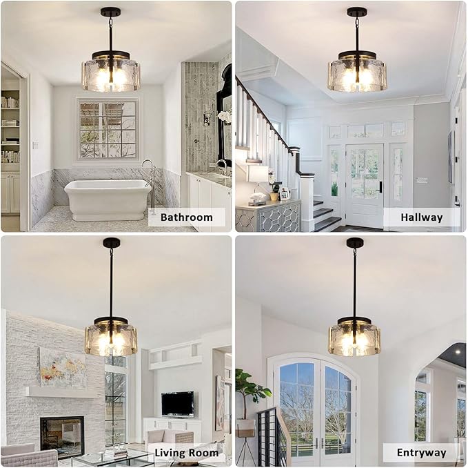 Black Chandeliers for Dining Room Light Fixture, Foyer Lighting Fixtures Pendant Lights Kitchen Island, Adjustable Glass Modern Farmhouse Chandelier for Entryway, Bedroom, Bathroom, Foyer, Living Room
