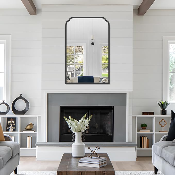 24X36 Inch Black Bathroom Mirror for Over Sink, Modern Rounded Corner Rectangle Mirror with Non-Rusting Iron Metal Framed Bathroom Vanity Mirror for Wall Decor(Tempered Glass)