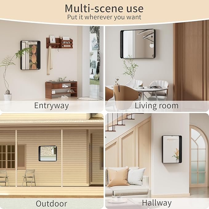 Koonmi Black Bathroom Mirror for Wall, 22x30 Inch Matte Metal Deep Framed Rounded Corner Wall Mirror, Shatterproof Tempered Glass for Farmhouse Bedroom Entryway, Vertically or Horizontally