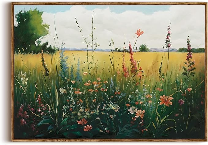 KISSFOX Vintage Wildflower Field Landscape Framed Wall Art Summer Countryside Meadow Canvas Art Farmhouse Rustic Paintings Artwork Nature Serene Art Prints For Kitchen Living room Bedroom
