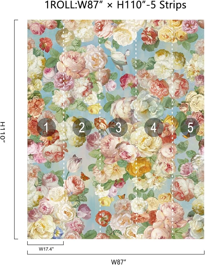 Large French Floral Wall Murals Colorful Peony Flower Wallpaper Peel and Stick 87" W x 110" H Self Adhesive Oil Painting Wallpaper for Bedroom Living Room TV Background Home Wall Decor