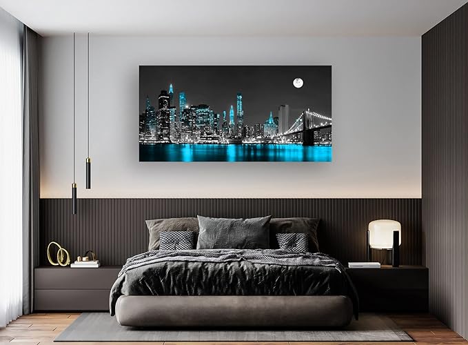 Jiuqinghua Wall Art Decor Canvas Print Picture 1 Panel Black White and Blue New York Brooklyn Bridge Cityscape Night Building Painting for Kitchen Office Home Decor Framed Ready to Hang 20x40inch