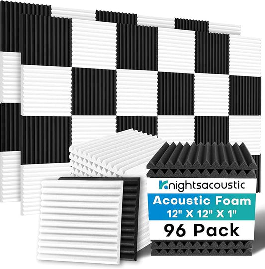 96 Pack Sound Proof Foam Panels for Walls, 1 X 12 X 12 Inches Acoustic Foam Panels, High Density Acoustic Panels Sound Absorbing, Black White Noise Cancelling Studio Wedges (NOT INCLUDE ADHESIVE)