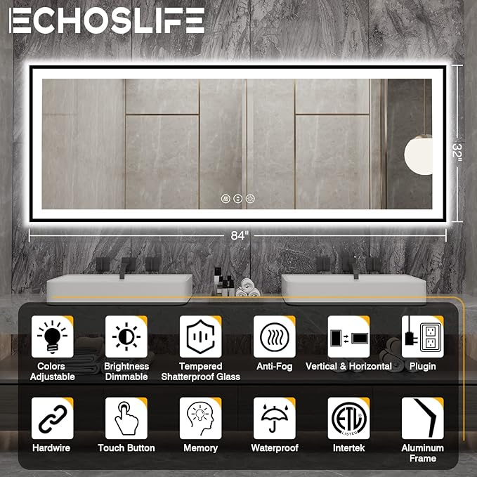 Large LED Bathroom Mirror - Black Aluminum Framed, Anti-Fog, Stepless Dimmable, 3 Colors Smart Mirror (Horizontal/Vertical)