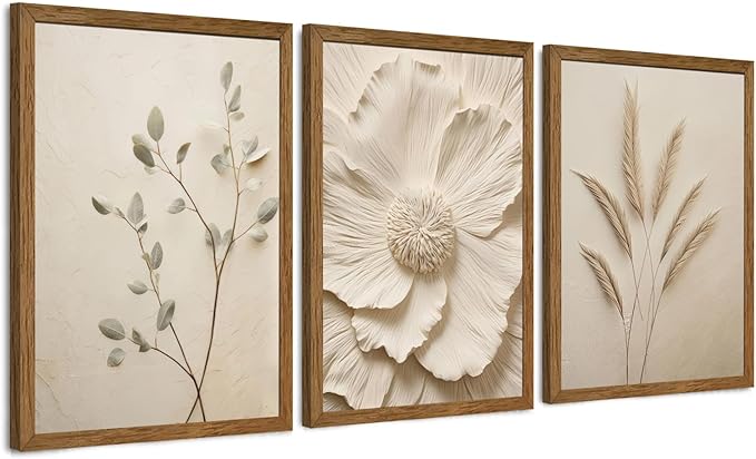 JLTULT 3 Piece Framed Neutral Beige Floral Canvas Wall Art, Modern Simple Texture Blossom Wall Decor, Vintage Botanical Flower Art Prints for Living Room Bedroom Farmhouse 12x16 inch Ready to Hang