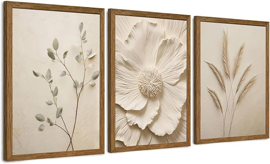 JLTULT 3 Piece Framed Neutral Beige Floral Canvas Wall Art, Modern Simple Texture Blossom Wall Decor, Vintage Botanical Flower Art Prints for Living Room Bedroom Farmhouse 12x16 inch Ready to Hang