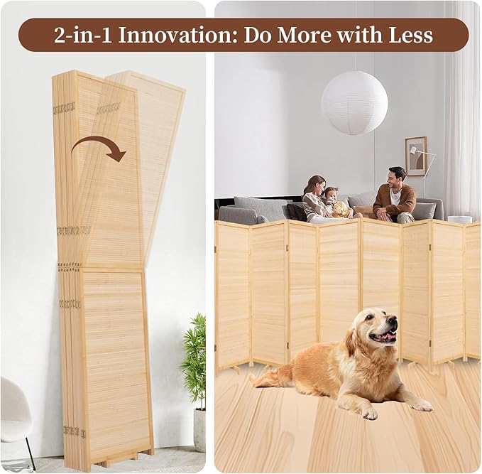 Bamboo Room Divider 8 Panel Wall Divider, 67'' H Folding Design with Extra Stable Base, 100% Bamboo Room Divider Screen for Room Separation Partitions Dividers Freestanding (Beige, 142‘’W x 67''H)