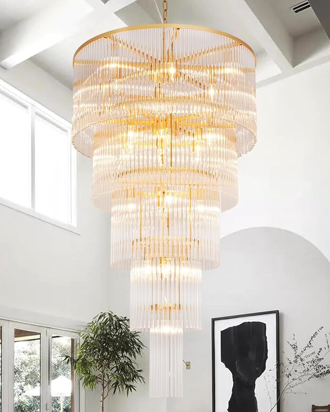 Large Gold Glass Chandelier, 5-Tier Modern Chandelier Light Fixture for High Ceiling Foyer Entryway Luxury Staircase Living Room Golden H49 D27.5