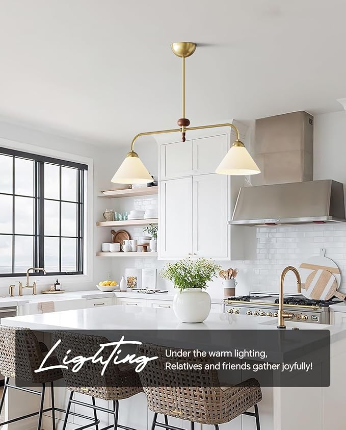 Linear Chandelier, Modern Chandelier for Dining Room Light Fixture, Dining Light Fixtures with Milk Glass Shade Pendant Lights Kitchen Island for Restaurant, Living Room (Gold + Wood, 2-Lights)