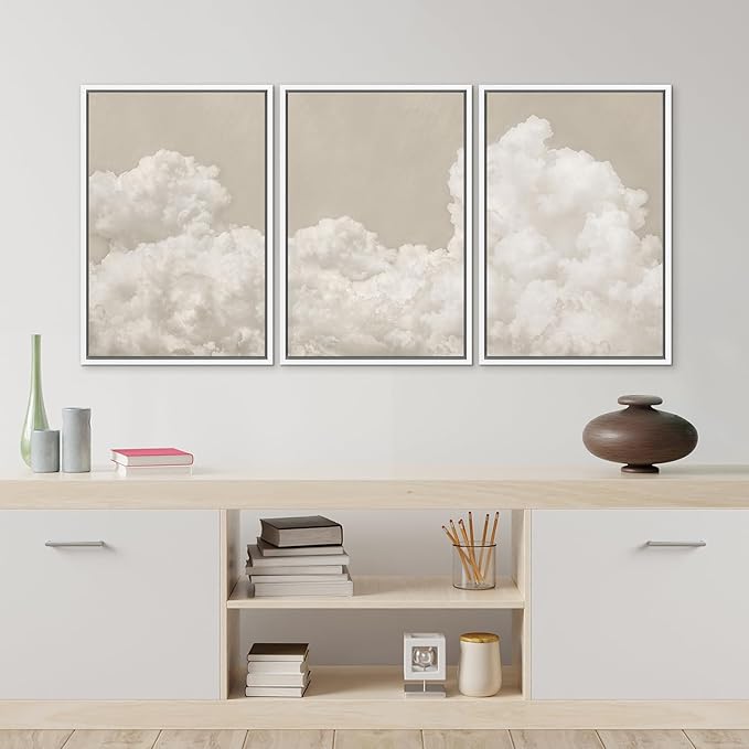 MUDECOR Framed Wall Art Print Set Serene Sky Filled with Fluffy Clouds Illustrations Modern Art Decorative Colorful for Living Room, Bedroom, Office - 16"x24"x3 White