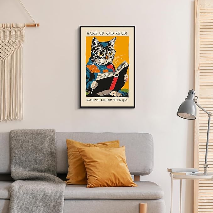 Cat and Book Poster, Wake Up and Read Inspiring Wall Art Canvas, Retro 1960 National Library Week Wall Art, Reading Art for Book Lover, Classic Gallery Wall Decor 24x36in Framed