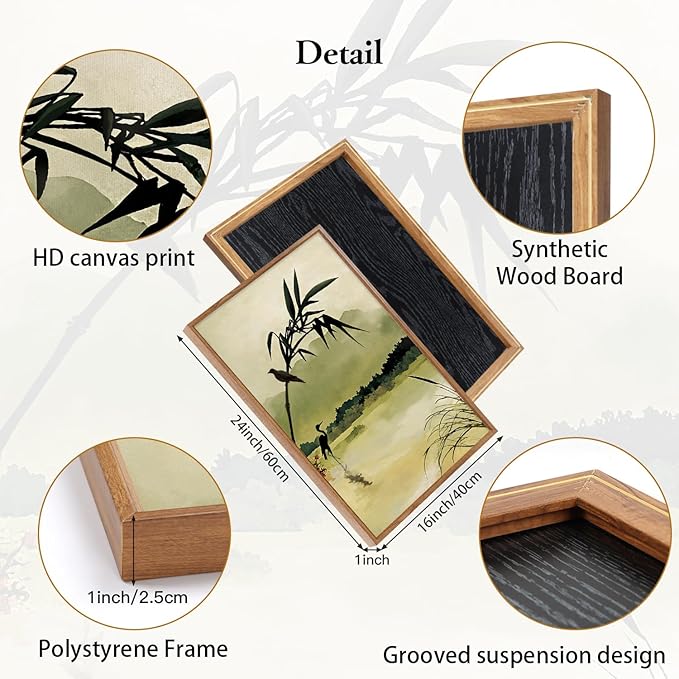 CHDITB Zen Landscape Framed Canvas Wall Art Set, Green Ink Wash Wall Decor, Mountain Lake Bamboo Art Spiritual Wall Painting, Vintage Ink Wash Art Prints for Living Room, Bedroom, Office-16 x24 x3