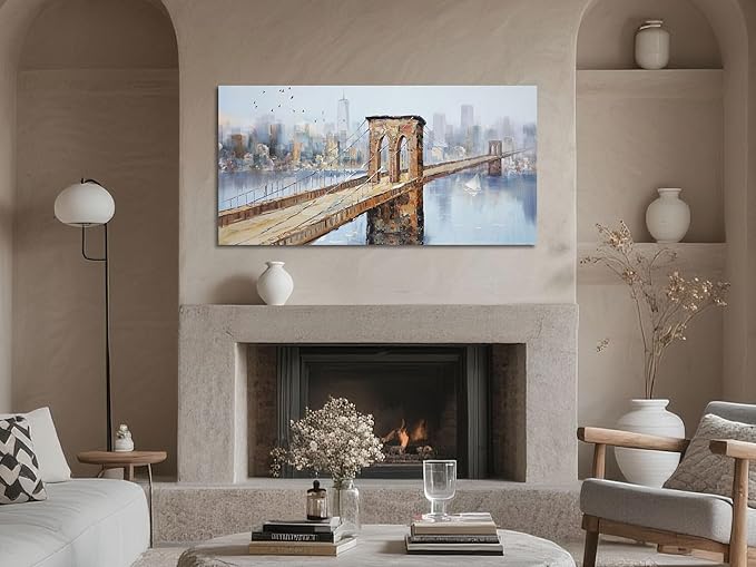 Arjun Brooklyn Bridge Canvas Wall Art New York Skyline City Painting, NYC Picture Textured Artwork Framed for Bedroom Living Room Home Office Wall Decor, Large 40"x20"