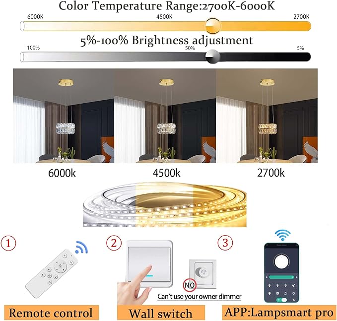 Led 11.8" Gold Ring Crystal Chandelier, Modern Dimmable Chandeliers Lighting and Hanging Adjustable, LED Round Ceiling Light Fixtures for Dining Room Living Room