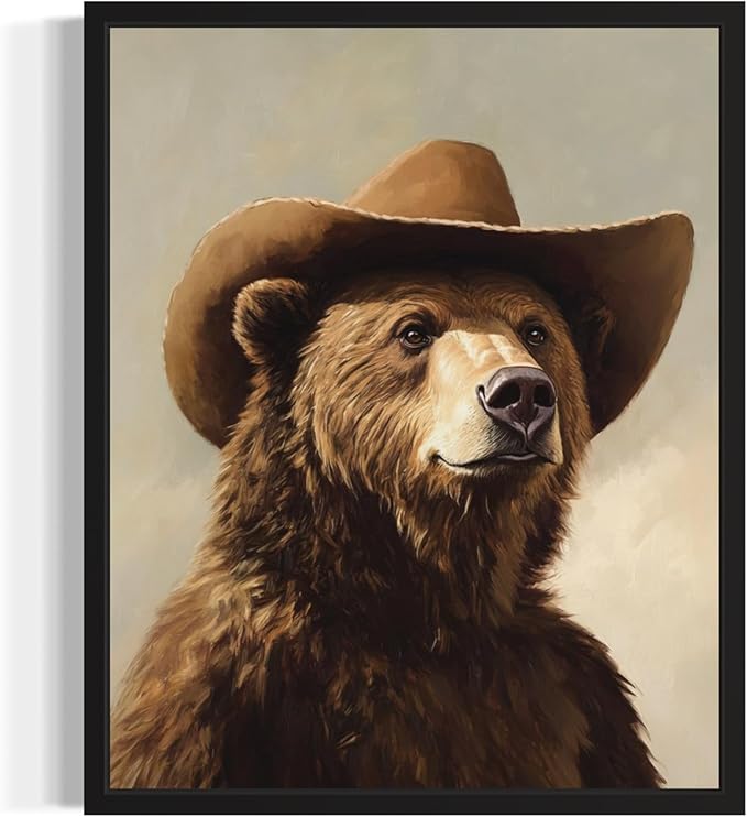 Brown Bear Cowboy Art Print Poster Wall Art, Western Country Farmhouse Wild West for Bedroom, Bathroom, Living Room Art Decor 58 (Brown Bear, 16 x 20 inches, Black Frame)