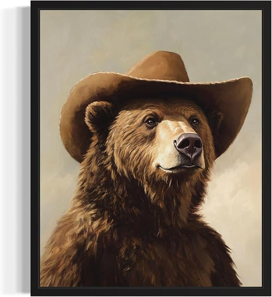 Brown Bear Cowboy Art Print Poster Wall Art, Western Country Farmhouse Wild West for Bedroom, Bathroom, Living Room Art Decor 58 (Brown Bear, 11 x 14 inches, Black Frame)