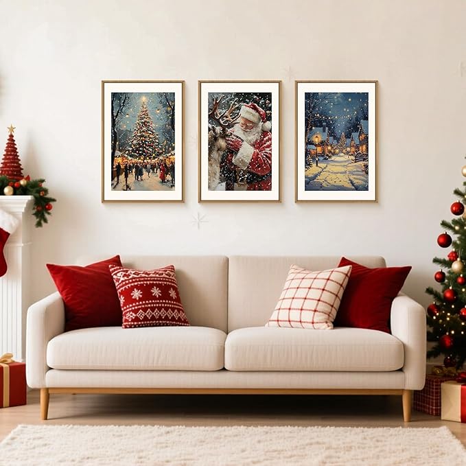 Large Enchanting Christmas Framed Canvas Wall Art Set,Santa Claus Reindeer Wall Decor,Magical Glowing Christmas Tree Artwork,Winter Snowy Village Art Print for Living Room,Bedroom- 24"x36"x3