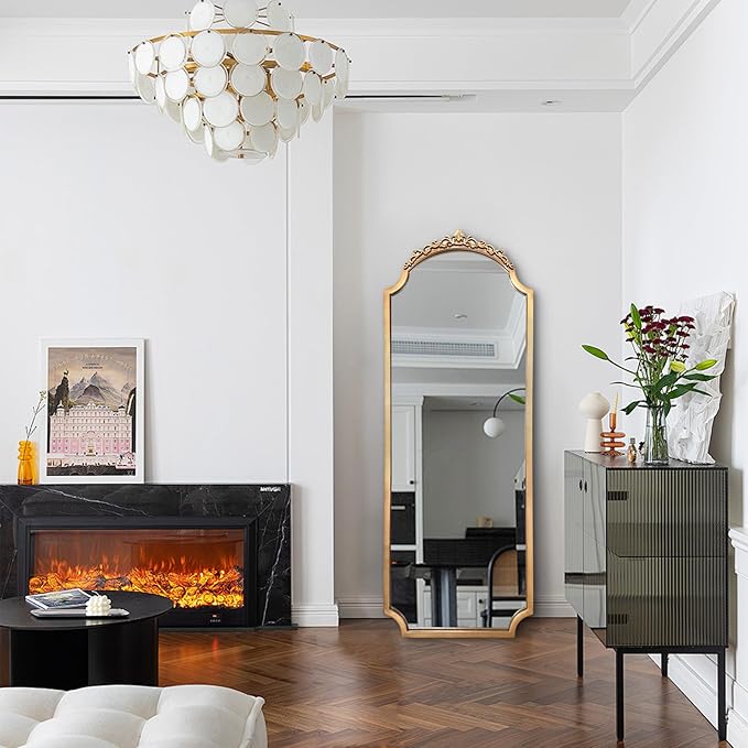 Large Gold Vintage Mirror, 53"x20" Arched Standing Floor Mirror, Ornate Baroque Mirrors, Traditional Carved Mantel Mirrors for Living Room Fireplace Bathroom Bedroom Entryway