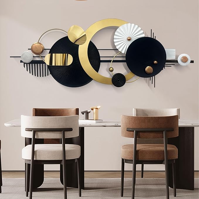 Large Modern Abstract Metal Wall Art, Black and Gold Geometric Circles Wall Decoration, Contemporary Home Decor,59 × 24 inches Wall Art for Living Room/Dinning Room/Bedroom/Entryway/Kitchen/Office