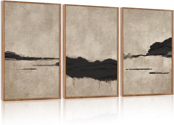 Large Abstract Black and Tan Framed Canvas Wall Art,Vintage Minimalist Wall Decor,Neutral Brush Stroke Artwork,Modern Textured Art Print for Living Room,Bedroom,Office- 24"x36"x3