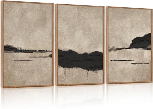 Large Abstract Black and Tan Framed Canvas Wall Art,Vintage Minimalist Wall Decor,Neutral Brush Stroke Artwork,Modern Textured Art Print for Living Room,Bedroom,Office- 24"x36"x3