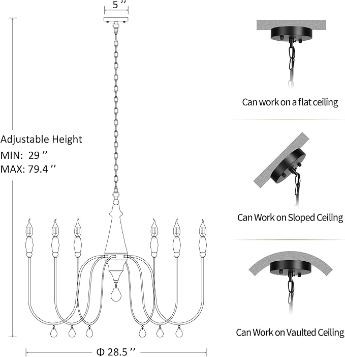 28.5" French Country Chandelier, 6-Light Farmhouse Dining Room Light Fixtures Over Table, Vintage Antique Wood Chandelier for Bedroom Kitchen Island Entryway Living Room Office