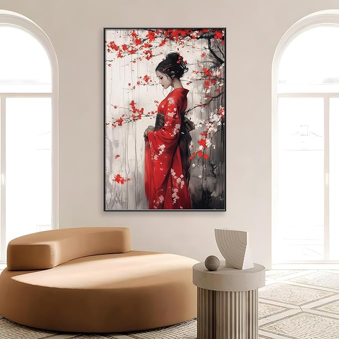 Kewhush Japanese Geisha Canvas Wall Art, Cherry Blossom Wall Art, Framed Canvas Print, Modern Asian Wall Decor, Japan Wall Print, Traditional Home Decor (Black Framed, 28"x42" | 71x107cm)
