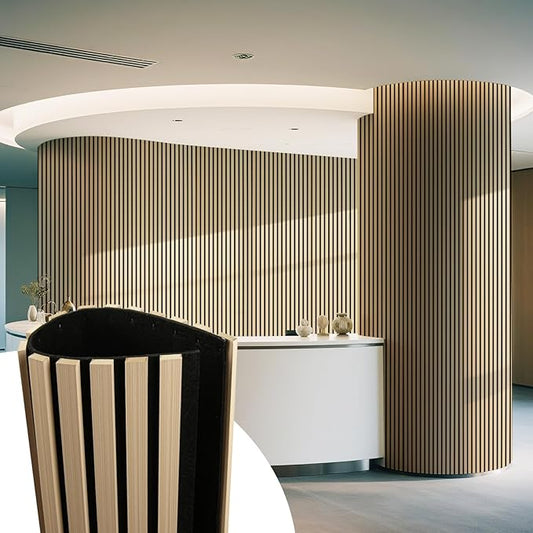 Art3d Acoustic Wood Slat Wall Panel with Roll-Flat Design - 95.3 x 23.8 Inch Sound Absorbing Panels for Living Room Columns Corridor Curved Wall Decor, 1-Pack Oak
