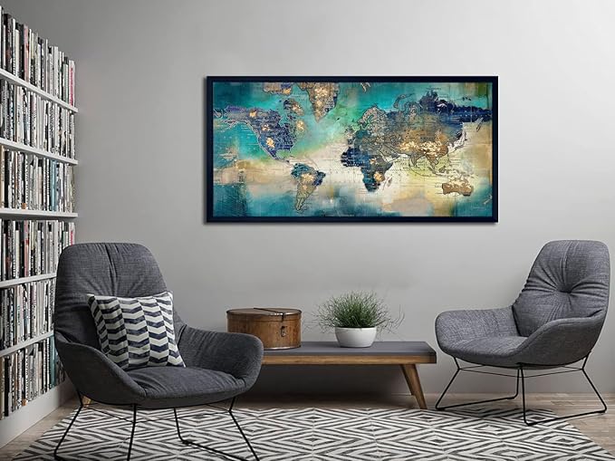 Large World Map Canvas Prints Wall Art for Living Room Office "29x58" Green World Map Picture Artwork Decor for Home Decoration Black Framed Wall Art