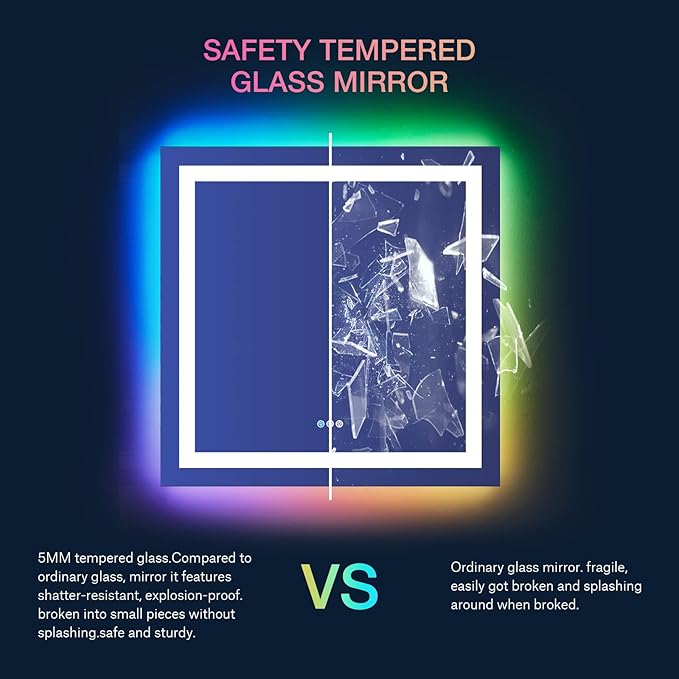 LOAAO 38"X38" LED Bathroom Mirror with Lights, Anti-Fog, Dimmable, RGB Backlit + Front Lighted, Bathroom Vanity Mirror for Wall, Memory Function, Waterproof, Tempered Glass