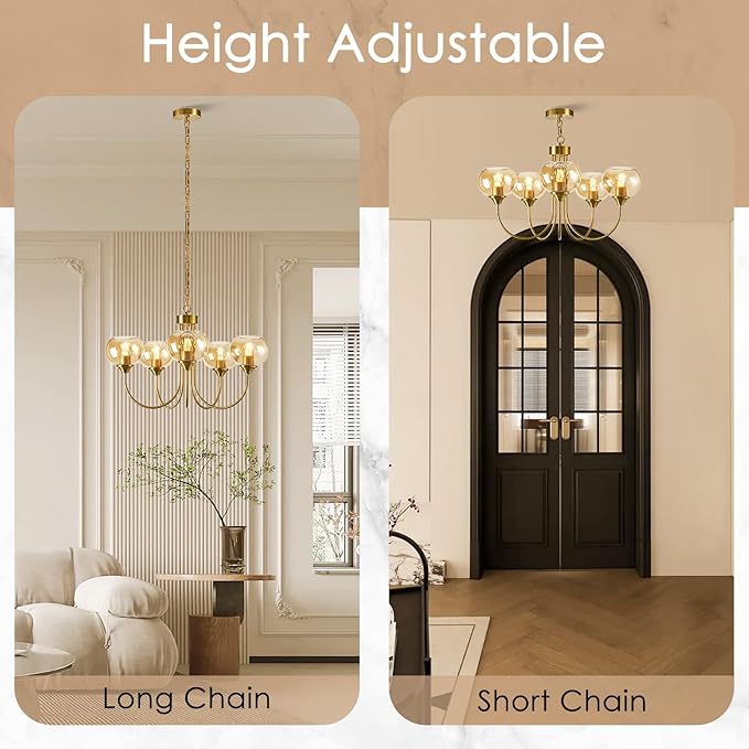 Mid Century Modern Globe Chandelier 5 Light Amber Glass Vintage Sputnik Chandeliers Gold Pendant Light Fixtures for Dining Room Kitchen Living Room Bedroom