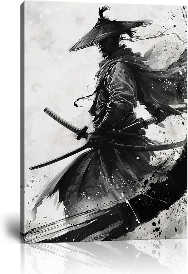 Black and White Warrior Wall Decor Japanese Samurai Wall Art Prints Vintage Japanese Cultural Samurai Pictures Canvas Painting Framed for Living Room Bathroom Bedroom Office (12''W x 16''H)