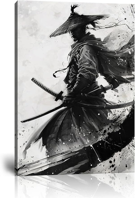 Black and White Warrior Wall Decor Japanese Samurai Wall Art Prints Vintage Japanese Cultural Samurai Pictures Canvas Painting Framed for Living Room Bathroom Bedroom Office (12''W x 16''H)
