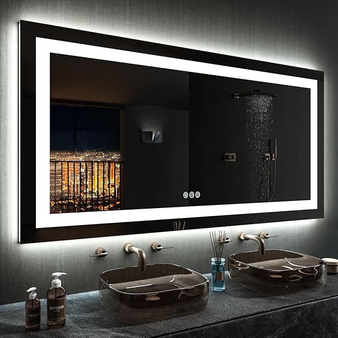 LOAAO 55X30 Inch RGB LED Bathroom Mirror with Lights, Anti-Fog, Dimmable Lighted Bathroom Vanity Mirror, Colorful Multiple Light Modes, RGB Backlit + Front Light, Memory Function
